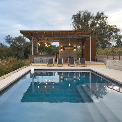 Inspiration for a large modern backyard rectangular lap pool house remodel in San Francisco