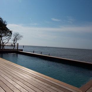 Immagine di una piscina monocorsia moderna rettangolare di medie dimensioni e dietro casa con una vasca idromassaggio e pedane