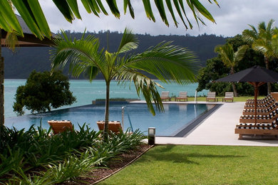 Réalisation d'une grande piscine à débordement ethnique rectangle avec une dalle de béton.