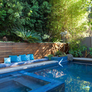 Esempio di una grande piscina monocorsia minimalista rettangolare dietro casa con una vasca idromassaggio e pedane