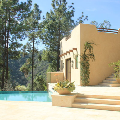Inspiration for a large southwestern side yard custom-shaped and stone infinity pool house remodel in Los Angeles