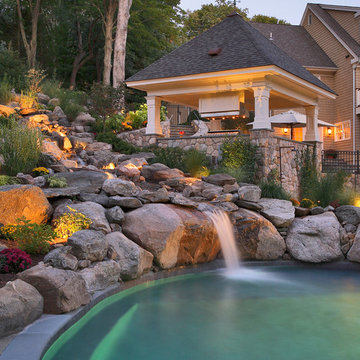 big pool plus - Outdoor Kitchen and Recirculating Waterfall into Pool