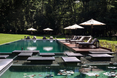 Diseño de piscina con fuente natural clásica renovada grande rectangular en patio trasero con adoquines de piedra natural