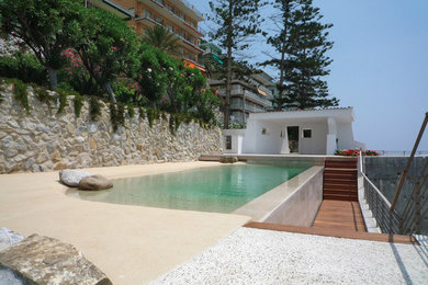 На фото: естественный бассейн среднего размера, произвольной формы на заднем дворе в морском стиле с домиком у бассейна и покрытием из бетонных плит с