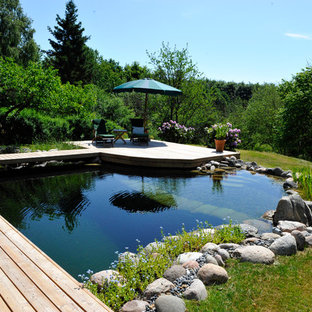 Photo of a mid-sized scandinavian backyard custom-shaped natural pool in Other with natural stone pavers.