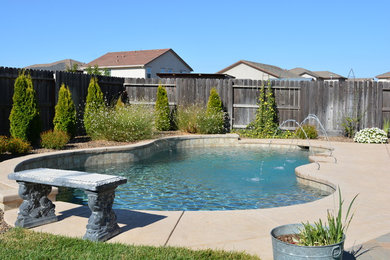 Example of a mid-sized classic backyard concrete and custom-shaped pool fountain design in Sacramento