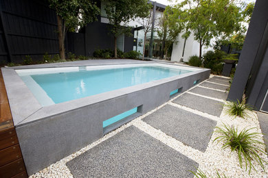 Diseño de piscina minimalista de tamaño medio rectangular en patio trasero