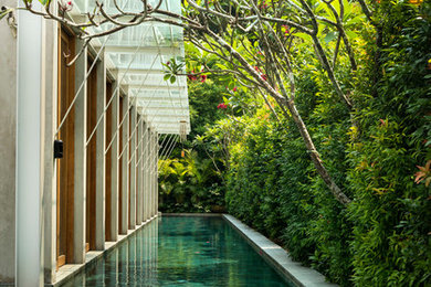 Diseño de piscina alargada exótica grande rectangular en patio lateral con losas de hormigón