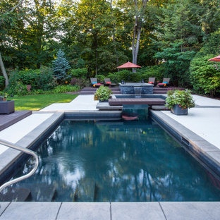 Idee per una grande piscina contemporanea dietro casa con fontane e pedane