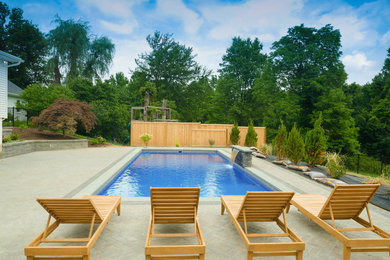 Esempio di una grande piscina naturale moderna rettangolare dietro casa con un acquascivolo e pavimentazioni in mattoni