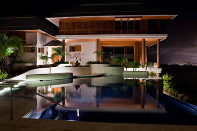 Foto di un'ampia piscina a sfioro infinito tropicale personalizzata nel cortile laterale con una dépendance a bordo piscina e pavimentazioni in cemento