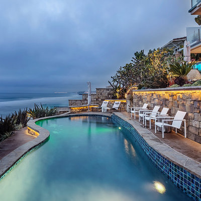 Island style backyard custom-shaped pool photo in Los Angeles