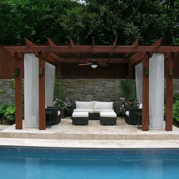 Cedar Pergola with Ceiling fan and Bronze colored lighting