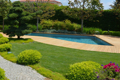 Imagen de piscina natural actual de tamaño medio a medida en patio lateral con entablado