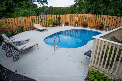 Small contemporary back kidney-shaped swimming pool in Other with concrete slabs.