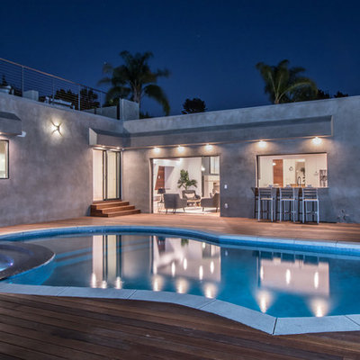 Large trendy backyard custom-shaped lap hot tub photo in Los Angeles with decking
