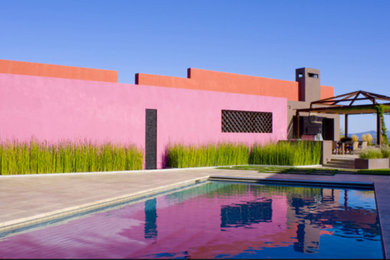 Imagen de piscina natural actual grande rectangular en patio lateral con adoquines de piedra natural