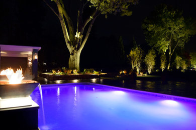 Idéer för en mellanstor modern pool på baksidan av huset, med en fontän och naturstensplattor