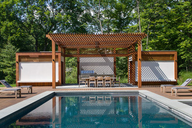 Cette image montre un couloir de nage arrière design rectangle avec une terrasse en bois.