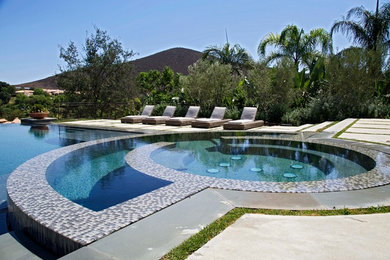 This is an example of a large modern back custom shaped infinity swimming pool in Los Angeles.