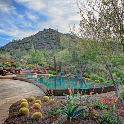 Hot tub - southwestern backyard custom-shaped infinity hot tub idea in Phoenix