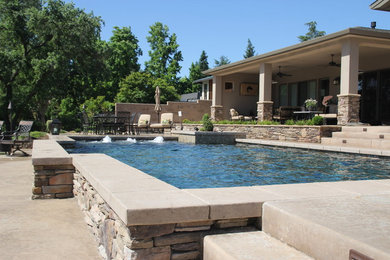 Foto de piscina con fuente elevada actual de tamaño medio rectangular en patio trasero con losas de hormigón