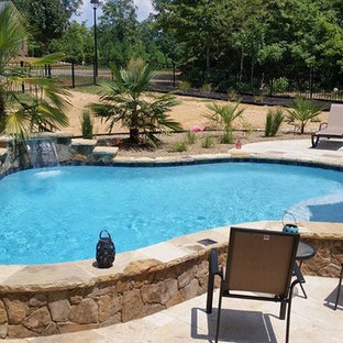 Foto di una piscina naturale tropicale a "C" di medie dimensioni e dietro casa con pedane e fontane