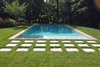 Medium sized modern back rectangular hot tub in Detroit with tiled flooring.