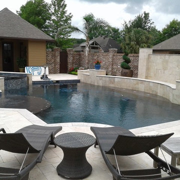 Custom modern pool with tanning ledge, deck jets, sheer descents, waterfall, tra