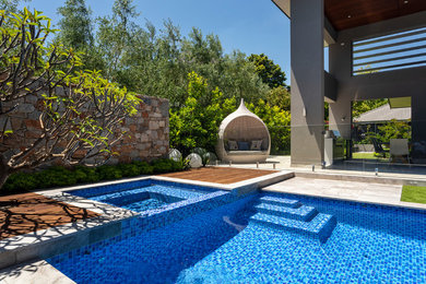 Источник вдохновения для домашнего уюта: большой прямоугольный бассейн на заднем дворе в стиле модернизм с джакузи и покрытием из плитки