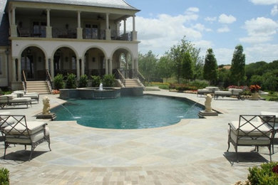Inspiration for a backyard stone and custom-shaped pool remodel in Dallas