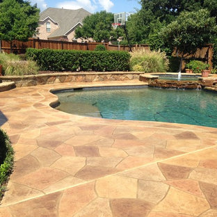 Design ideas for a large modern backyard pool in Atlanta with a hot tub.
