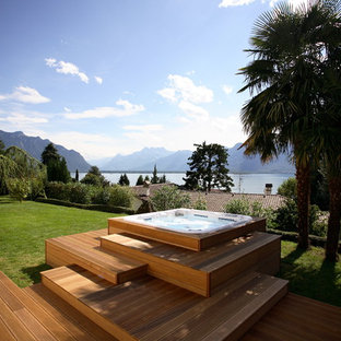 Ispirazione per una piscina fuori terra design rettangolare di medie dimensioni e dietro casa con una vasca idromassaggio e pedane