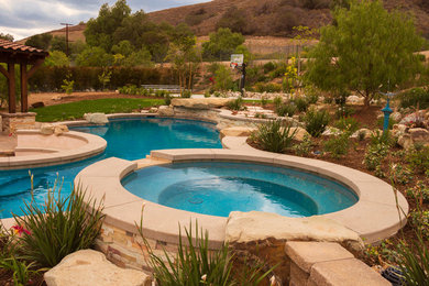 Esempio di un'ampia piscina personalizzata dietro casa con una vasca idromassaggio e pavimentazioni in cemento