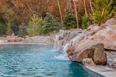 Hot tub - backyard custom-shaped hot tub idea in Boise
