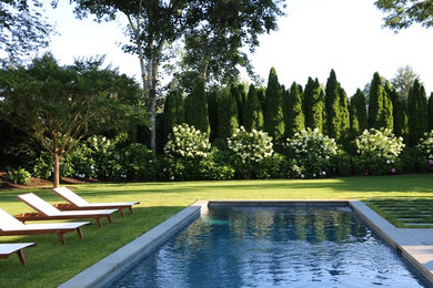 Elegant backyard stone and rectangular lap pool photo in New York