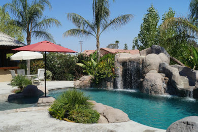 Mid-sized transitional backyard stamped concrete and custom-shaped lap water slide photo in Los Angeles