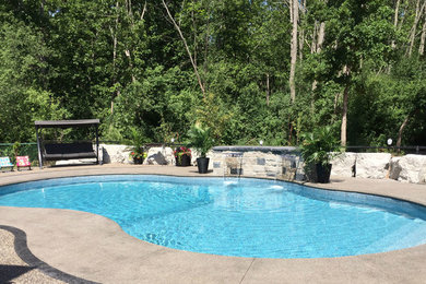 Diseño de piscina con fuente alargada clásica de tamaño medio tipo riñón en patio trasero con losas de hormigón