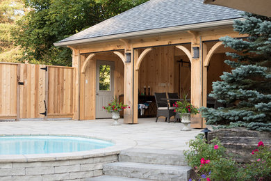 Inspiration for a mid-sized rustic backyard concrete paver pool house remodel in Toronto