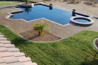 Источник вдохновения для домашнего уюта: бассейн-инфинити среднего размера, произвольной формы на заднем дворе в классическом стиле с мощением тротуарной плиткой