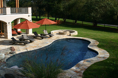 Diseño de piscina clásica renovada grande en patio trasero