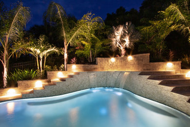 Inspiration for a tropical backyard stone and custom-shaped pool landscaping remodel in Orlando