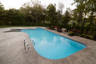 Example of a mid-sized trendy backyard stamped concrete and custom-shaped lap pool fountain design in Other