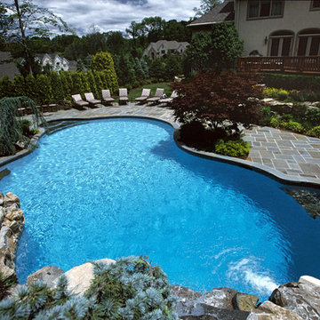 Freeform, in-ground pool with blue stone patio