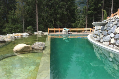 Ejemplo de piscina natural rústica rectangular con adoquines de piedra natural