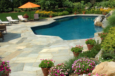 Pool fountain - large contemporary backyard stone and custom-shaped lap pool fountain idea in San Diego