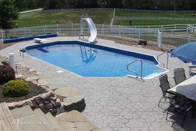 Backyard stone and custom-shaped pool photo in Milwaukee
