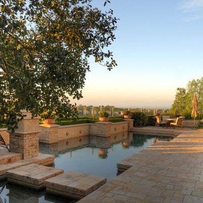 Mid-sized tuscan backyard tile and custom-shaped lap pool photo in Orange County