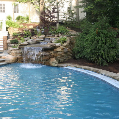 Mid-sized mountain style backyard custom-shaped and stone lap pool fountain photo in Columbus