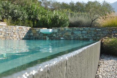 Ispirazione per una piscina fuori terra design rettangolare di medie dimensioni e dietro casa con una dépendance a bordo piscina e pavimentazioni in pietra naturale